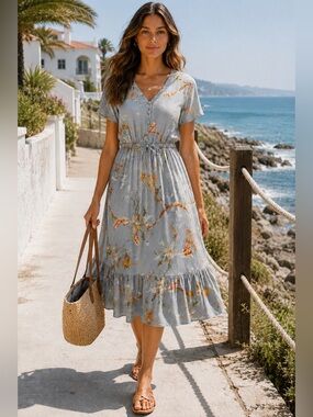 ANKO Floral Botanical V-Neck Button Front Tie Waist Midi Dress Blue Grey Size 2